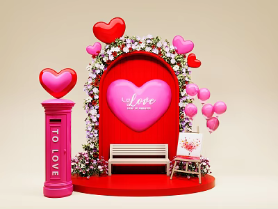 Romantic Photo Spot With Red Heart Arch Pink Hearts Love Sign Red Mailbox And Bench 3d model