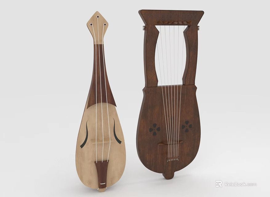 Wooden String Instruments In Light Dark Color With Decorative Patterns And Unique Body Shape 3d model 