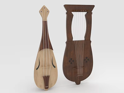 Wooden String Instruments In Light Dark Color With Decorative Patterns And Unique Body Shape 3d model