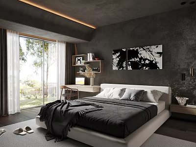 Modern Bedroom With Dark Gray Walls Large Windows Tree View Black Blanket Pillows Desk Shelf 3d model