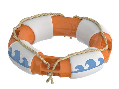 Sports Equipment Lifebuoy Orange And White With Blue Wave Design And Rope For Water Safety 3d model