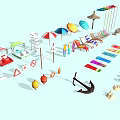 Essential Beach Sports Equipment Including Beach Chairs Umbrellas Life Rings Surfboards And Float Boards