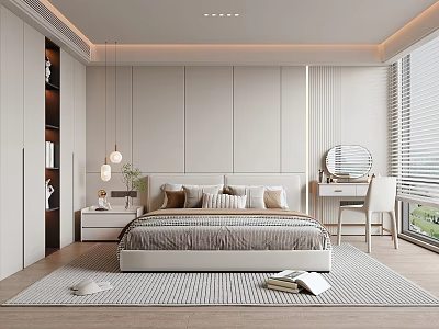 Modern Minimalist Bedroom Interior With White Walls Pendant Lights Gray Beige Bedding And Dressing Table 3d model