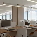 Modern Open Public Office Space With Work Desks Computer Monitors And Linear Pendant Lights 3d model
