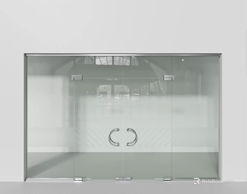 Modern Glass Double Doors With Metal Handles In Interior Building Space 3d model 