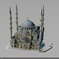 Traditional Islamic Mosque Architecture With Blue Main Dome Multiple Domes And Four Minarets
