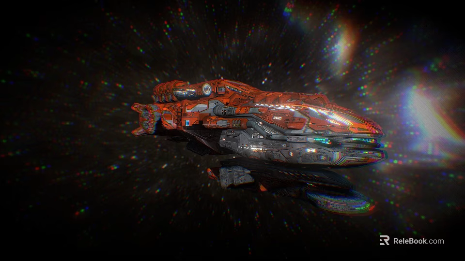 Red Sci Fi Spaceship In Starry Space With Glowing Details And Futuristic Design 3d model 