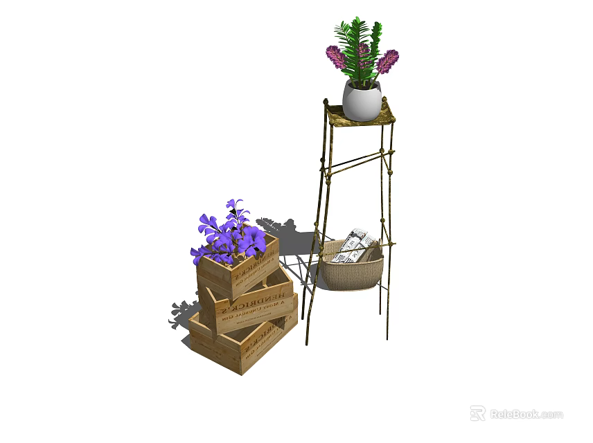 Metal Plant Stand With Potted Green Plant And Purple Flowers In Wooden Crates 3d model 
