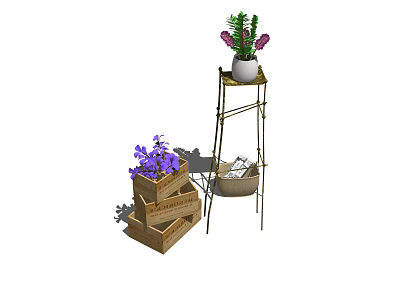 Metal Plant Stand With Potted Green Plant And Purple Flowers In Wooden Crates 3d model