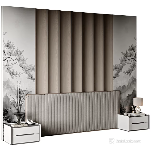 Chinese Style Bedroom Accent Wall With Pine Tree Landscape Vertical Slats And Gray Headboard 3d model 