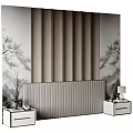 Chinese Style Bedroom Accent Wall With Pine Tree Landscape Vertical Slats And Gray Headboard