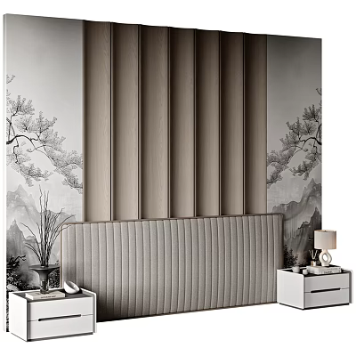 Chinese Style Bedroom Accent Wall With Pine Tree Landscape Vertical Slats And Gray Headboard 3d model