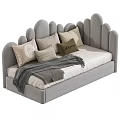Modern Gray And Beige Single Bed With Scalloped Headboard And Soft Pillows Throw Blanket