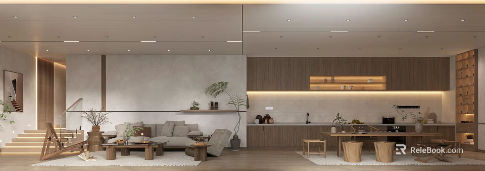 Modern Living Room Interior With Linen Sofa Wooden Coffee Table And Potted Plant 3d model 