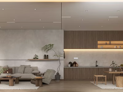 Modern Living Room Interior With Linen Sofa Wooden Coffee Table And Potted Plant 3d model