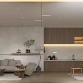 Modern Living Room Interior With Linen Sofa Wooden Coffee Table And Potted Plant