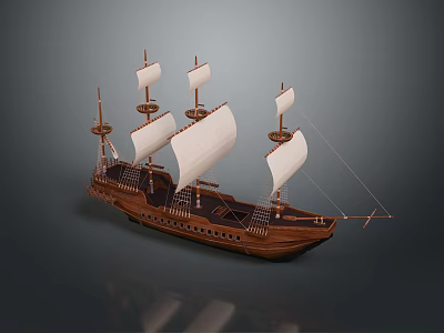 Vintage Wooden Sailing Ship with Multiple Masts and White Sails 3d model