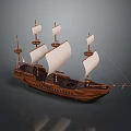 Vintage Wooden Sailing Ship with Multiple Masts and White Sails 3d model