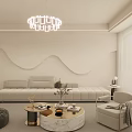 Modern Minimalist Cream Tone Living Room With Large TV And Marble Round Coffee Table