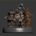 Fantasy Figure Models Three Characters With Hammers And Staffs On Silver Circular Base