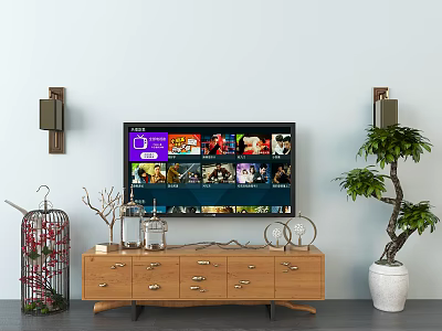 Stylish Wooden TV Stand with Drawers TV Plant and Decorations in Living Room 3d model