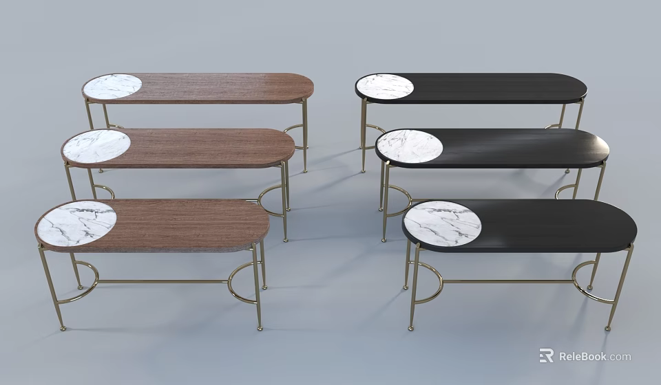 Modern Console Tables With Wooden Black Tops And Circular Marble Inserts 3d model 