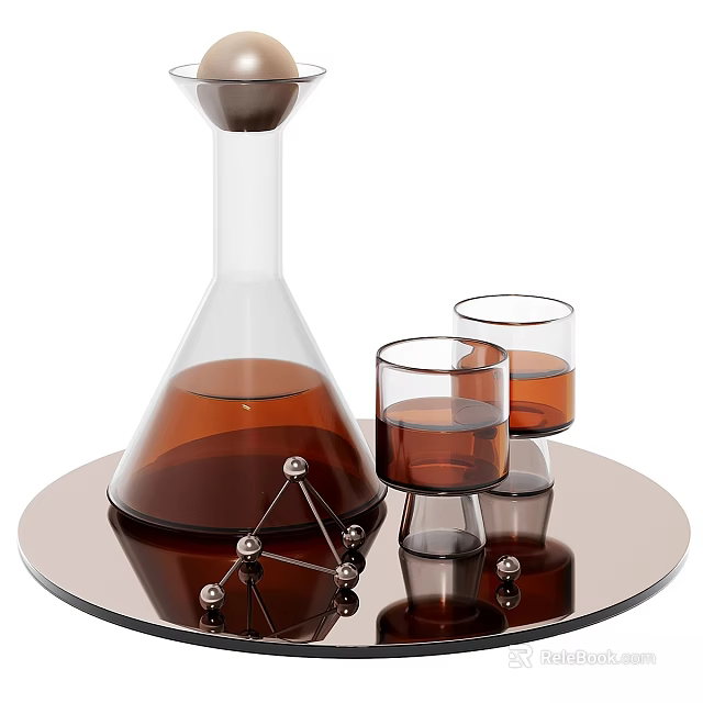 Conical Glass Container With Brown Liquid And Two Glass Cups On Round Tray Metal Decorations 3d model 