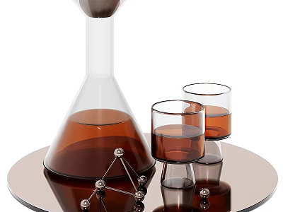 Conical Glass Container With Brown Liquid And Two Glass Cups On Round Tray Metal Decorations 3d model