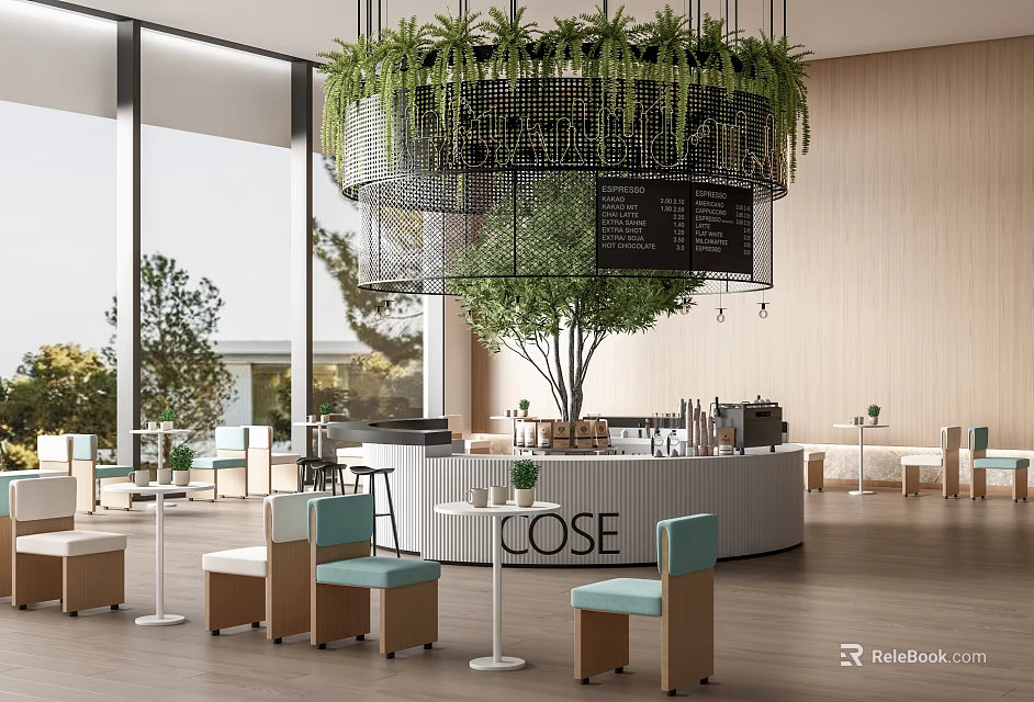 Modern Milk Tea Shop with Large Windows Trees Outside Hanging Green Plants and Central Counter 3d model 