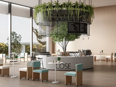 Modern Milk Tea Shop with Large Windows Trees Outside Hanging Green Plants and Central Counter 3d model
