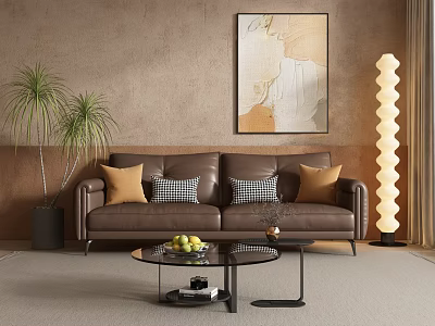 Brown Double Sofa In Modern Living Room With Coffee Table Floor Lamp And Wall Painting 3d model