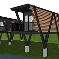 Modern Wooden Cabins On Black Stilts With Balconies In Green Lawn