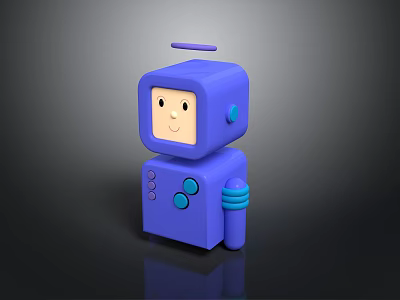 Cheerful Blue Cartoon Robot Character With Antenna Smiling Face And Buttons 3d model