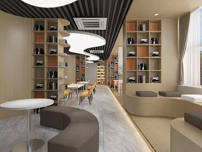 Modern Lounge Area With Bookshelves Comfortable Sofas Tables And Natural Light 3d model