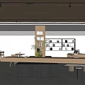 Café Interior With Wooden Ceiling Linear Pendant Lights Large Windows Bar Counter Bookshelves And Green Plants