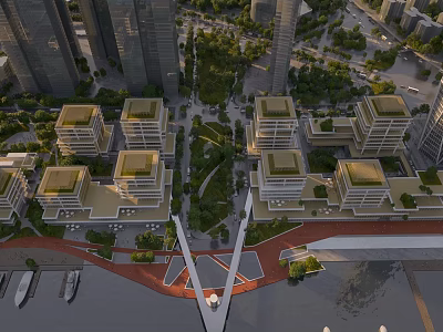 Urban Aerial View Planning with High Rise Low Rise Buildings Green Spaces Waterfront and Bridge 3d model