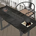 Elegant Tea Table And Chairs With Teapot Cups And Burning Stove In Indoor Setting