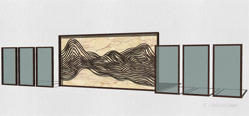 Modern Feature Wall With Wavy Black Patterns Marble Texture And Side Glass Panels 3d model