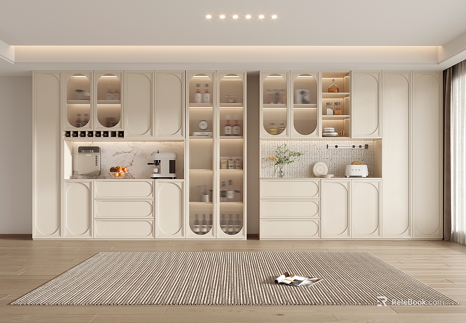 Elegant Modern Wine Cabinet With Glass Door Shelves Displaying Wine Bottles And Decorative Vase 3d model 