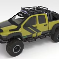 Yellow And Black Off Road Pickup Truck With Roof LED Lights And Large Tires