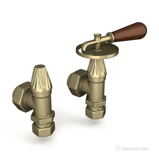 Two Vintage Brass Taps With Wooden Handle For Home Decorative Use 3d model 