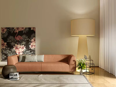 Light Brown Sofa and Coffee Table Set with Flamingo Floral Wall Art and Floor Lamp 3d model