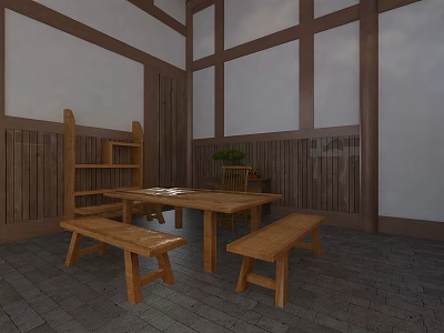 Japanese Style Wooden Table And Bench Set In Room With Wood Panels And Green Plant 3d model