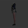 Woman In School Uniform With Pleated Skirt Black Stockings Tactical Vest And Long Sleeve Coat