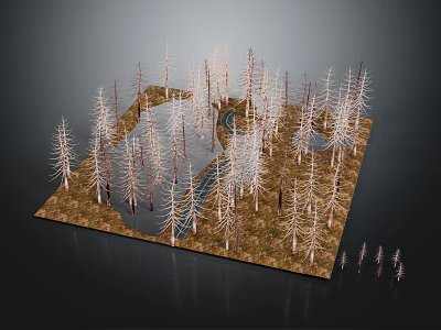 Dead Trees in Withered Plant Landscape with Central Water Area and Brown Ground 3d model