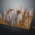 Dead Trees in Withered Plant Landscape with Central Water Area and Brown Ground