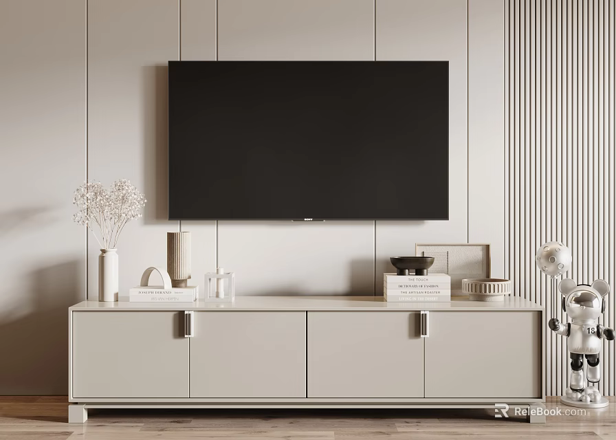 Modern TV Stand In Living Room With Wall Mounted TV Decorative Items On Light Cabinet 3d model 
