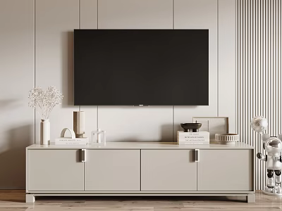 Modern TV Stand In Living Room With Wall Mounted TV Decorative Items On Light Cabinet 3d model