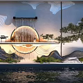 Chinese Style Background Wall With Landscape Patterns Waterfall Decor And Pine Tree Element 3d model