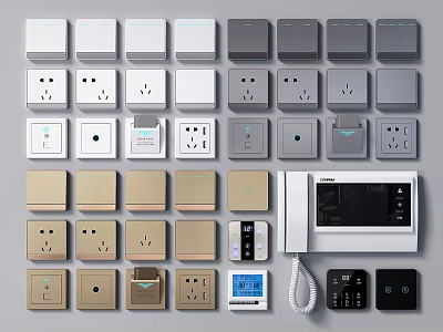 Diverse Switch Panels in Multiple Colors with Sockets Smart Controls and Digital Displays 3d model
